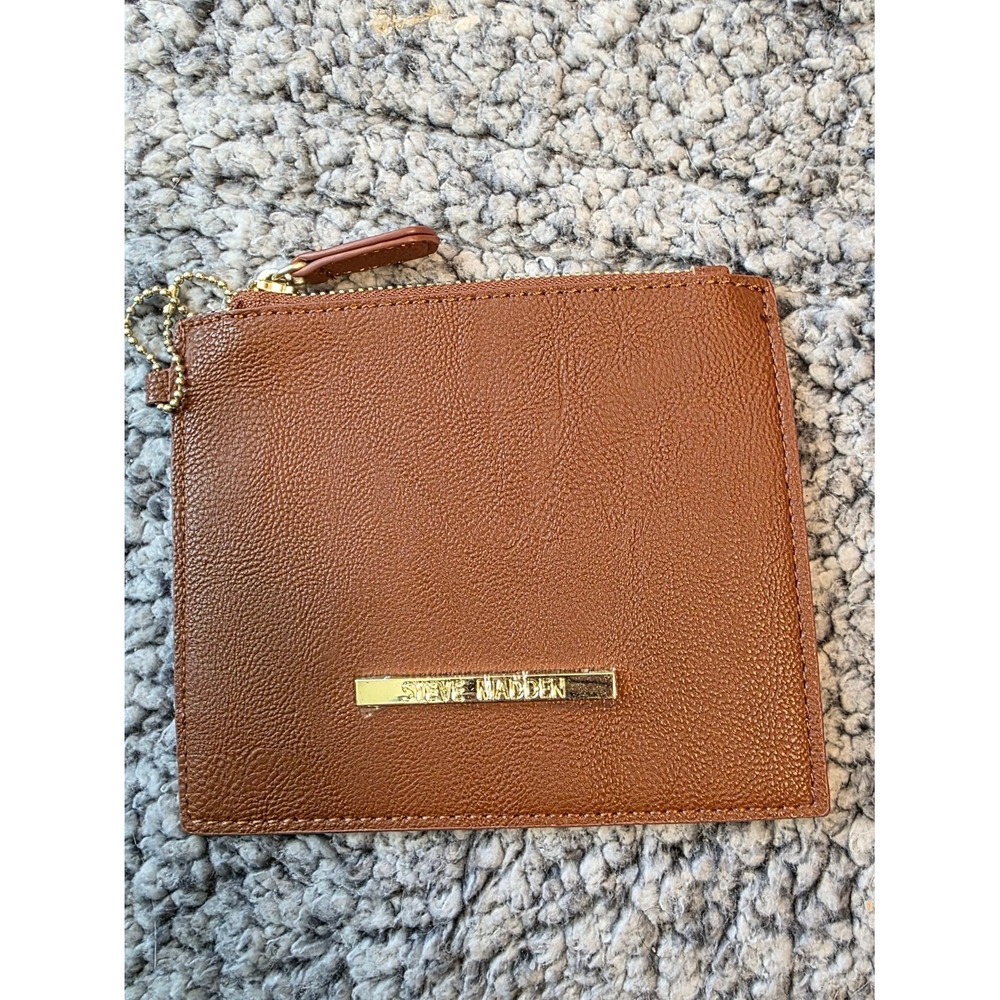 Steve Madden Tan Leather Zip Card Case Gold Accent Mens Wallet Pouch Brown